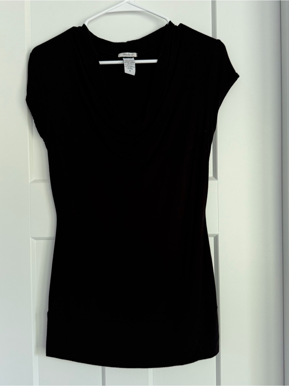 Studio Y Black Cowl-Neck Cap-Sleeve Top